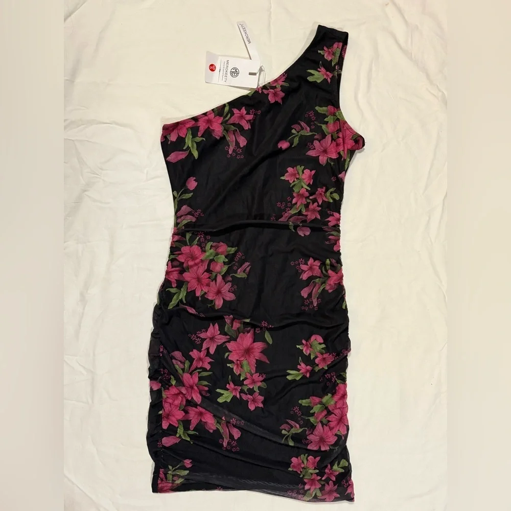 Merokeety Black and Pink Floral Ruched One Shoulder Mini Dress Small - Picture 2 of 6